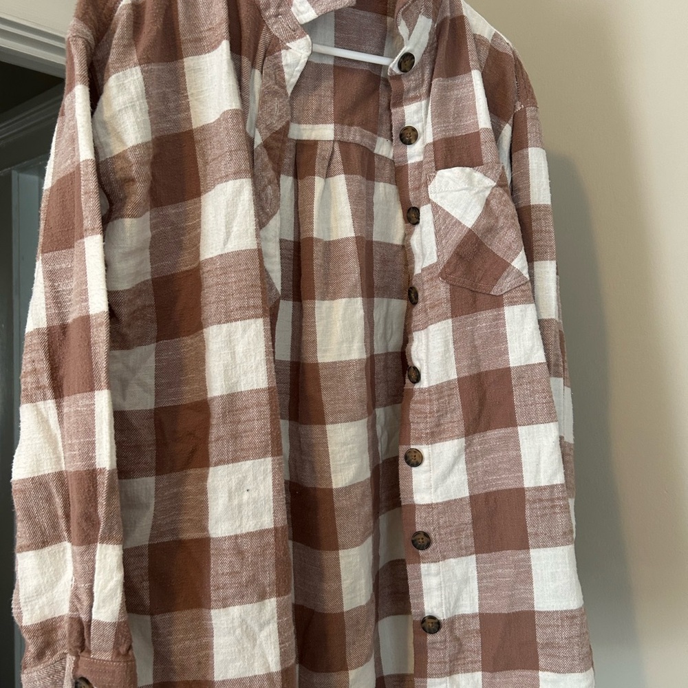 Brown and White Plaid Button-Up Shirt